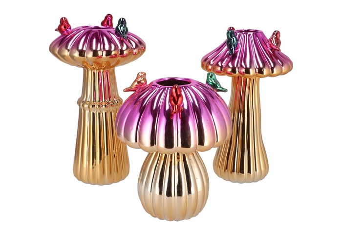 <h4>Bird Mushroom Vase Metalic Fuchsia Ass 18x18x31cm</h4>