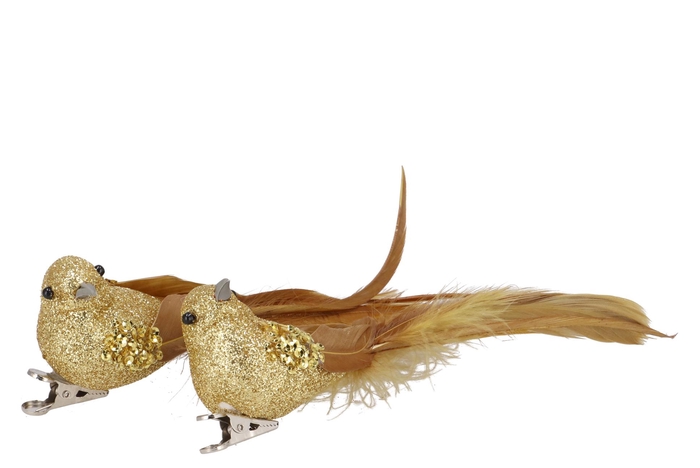Deco Shine Bird Clip Cozy Gold 16cm P/2