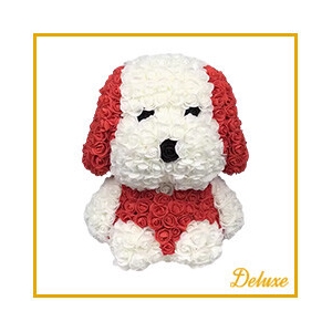 Hond DELUXE op standaard 25cm rood/wit in luxe cadeauverpakking !!!