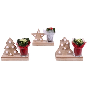 Christmas Arr.Indoor Wooden X-mas Tealight Shelf + Led 24cm 1PP