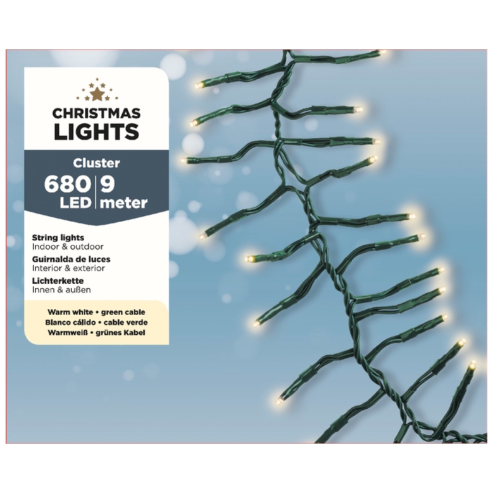 <h4>LED BUDGET CLUSTER LIGHTS BUIT GREEN CABLE- 680LAMPS WARMWHITE 900CM</h4>