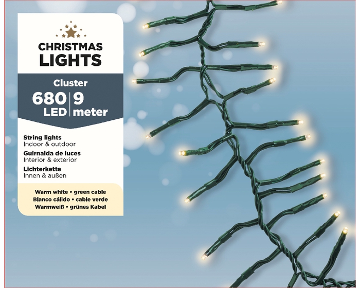 LED BUDGET CLUSTER LIGHTS BUIT GREEN CABLE- 680LAMPS WARMWHITE 900CM