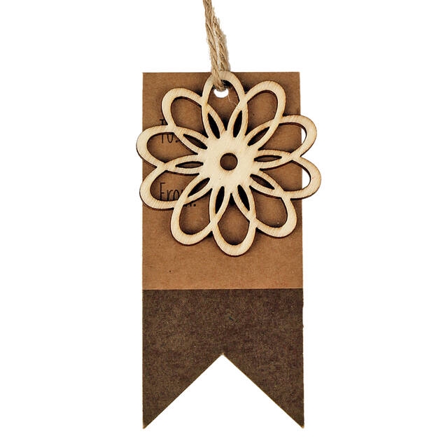 <h4>Hanger label + bloem hout 9x4.8cm + jute touw</h4>