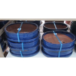 Bonsai pot oval glazed blue, with plate ( 32x24,5x9)