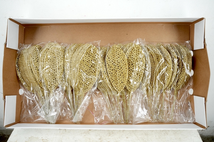 <h4>Pick Leaf glitter open 14x6cm+10cm wire gold 25pce/bag</h4>