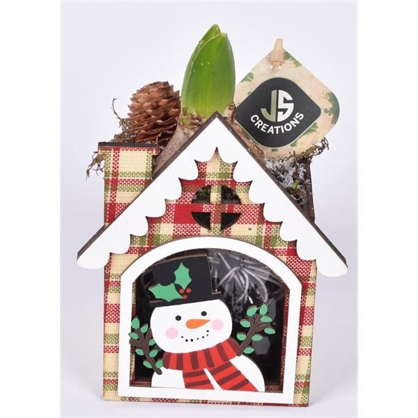 <h4>Hout kersthuisje sneeuwpop 11x11cm</h4>