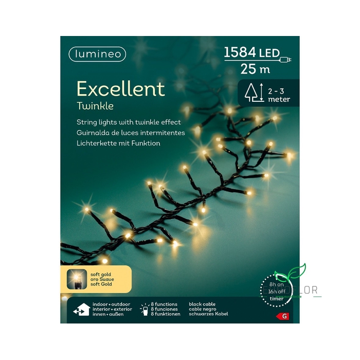 <h4>LED EXCELLENT LIGHTS PVC 8 FUNCTIE TWINKEL EFFECT BUITEN ZWART/SOFTGOLD 2500CM</h4>