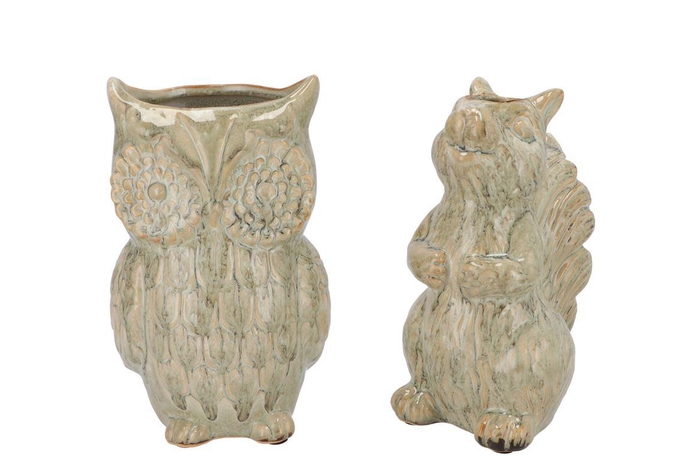 <h4>Otis Green Vase Owl Squirrel Ass 13x11x19cm</h4>