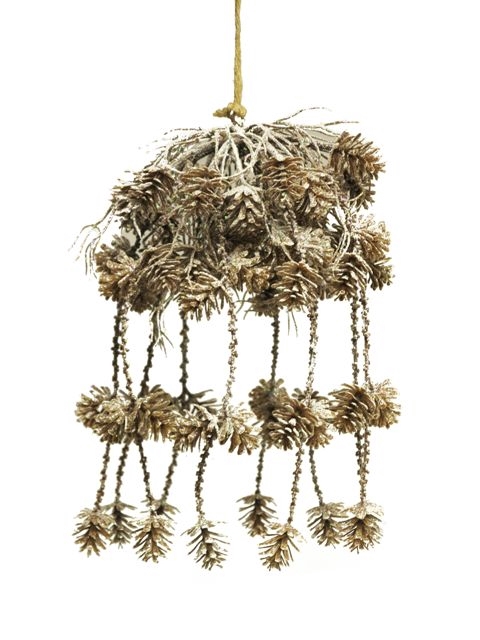 SILK FLOWERS - PINE CONE HANGING BUSH JASPER NATURAL GLITTER-ICED 28CM