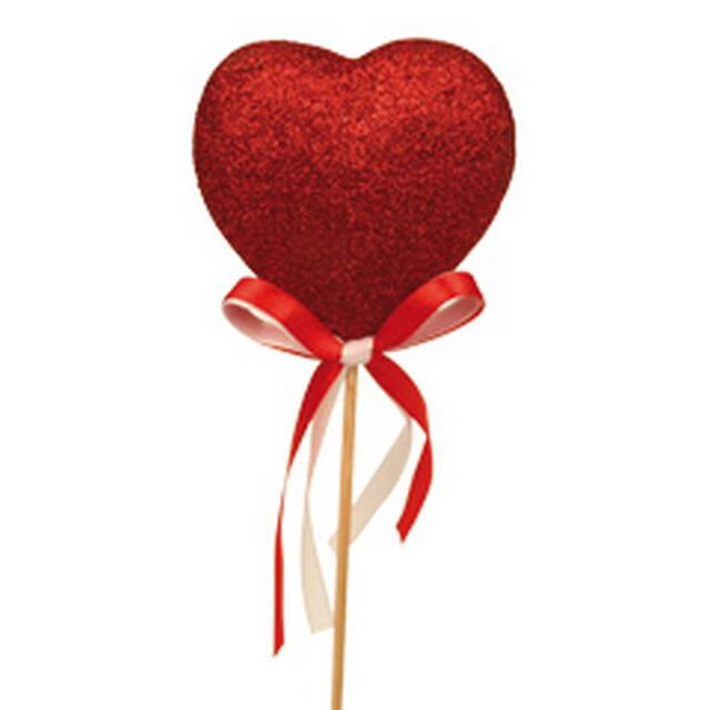 Pick Heart glitter with bow 5cm+12cm stick red
