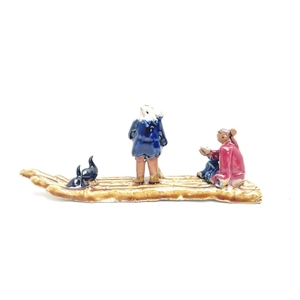 Chinese men on bamboo raft, glazed, height 7 cm. 7 or 3 pcs.