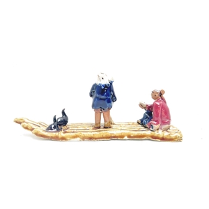 Chinese men on bamboo raft, glazed, height 7 cm. 7 or 3 pcs.