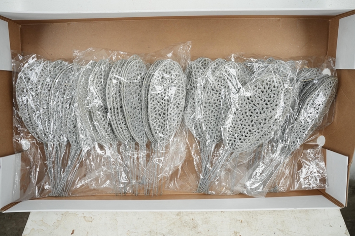 <h4>Pick Leaf glitter open 14x6cm+10cm wire silver 25pce/bag</h4>