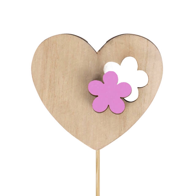 Pick heart flower wood 6x7cm+12cm stick pink