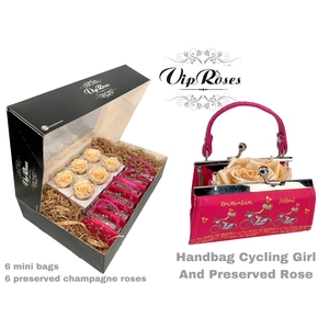 HANDBAG CYCLING GIRL AND PRESERVED CHAMPAGNE ROSE