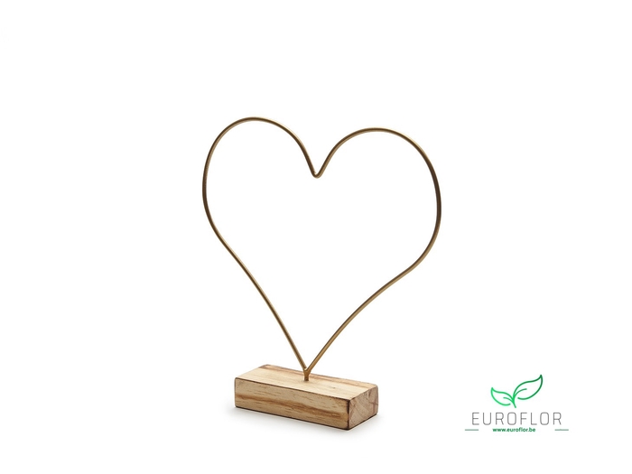 METAL HEART ON WOODEN BASE 26CM GOLD