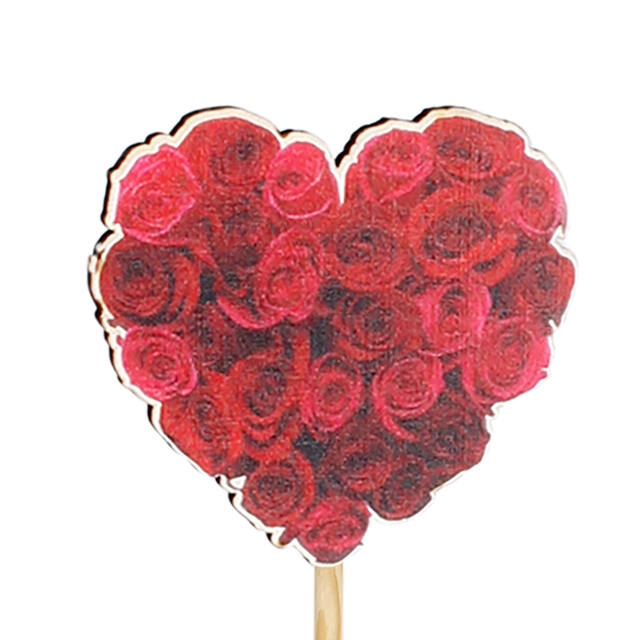 <h4>Bijsteker Heart of Roses hout 7x7,5cm +50cm stok</h4>