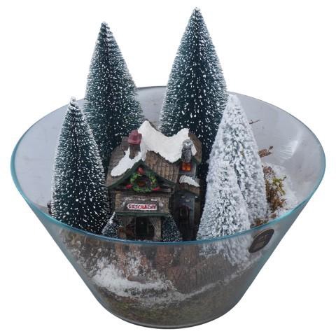 <h4>PTCV2109 Arrangement Christmas Village in glas schaal</h4>