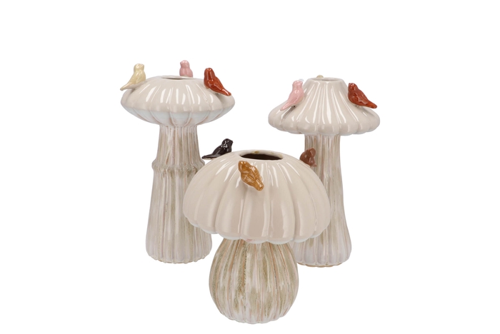 Bird Mushroom Vase White Ass 14x14x20cm