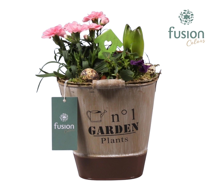 <h4>Zink emmer ovaal bruin Pasen met Arrangement</h4>