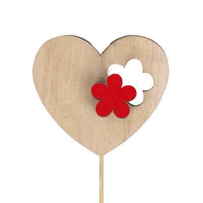 Pick heart flower wood 6x7cm+12cm stick red