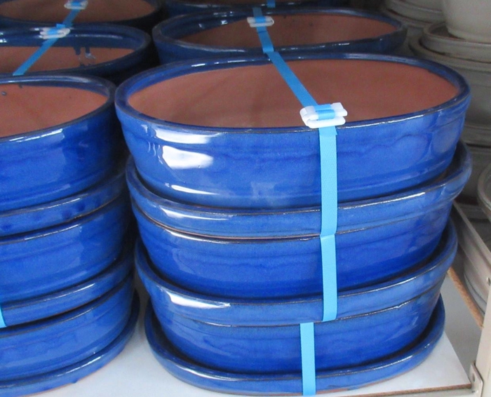 <h4>Bonsai pot oval glazed blue, with plate (31x24x9)</h4>