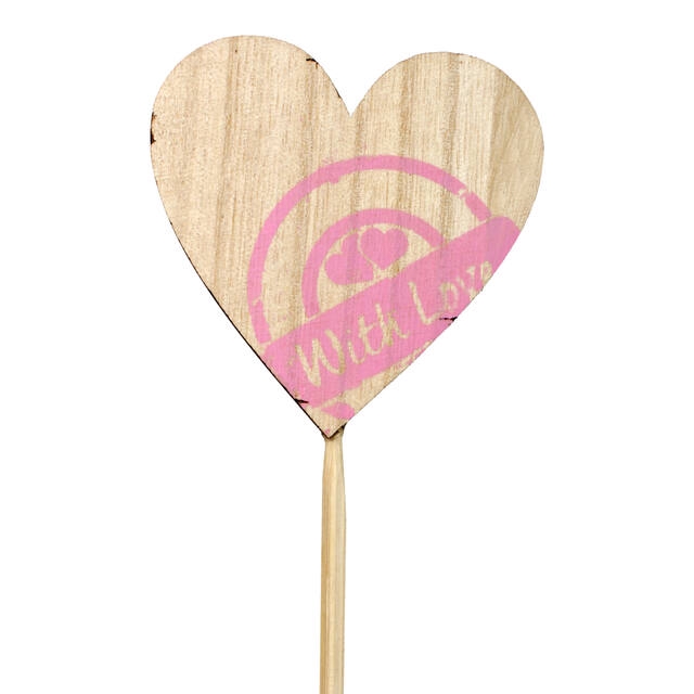 Pick stamp heart wood 7x7cm+12cm stick pink