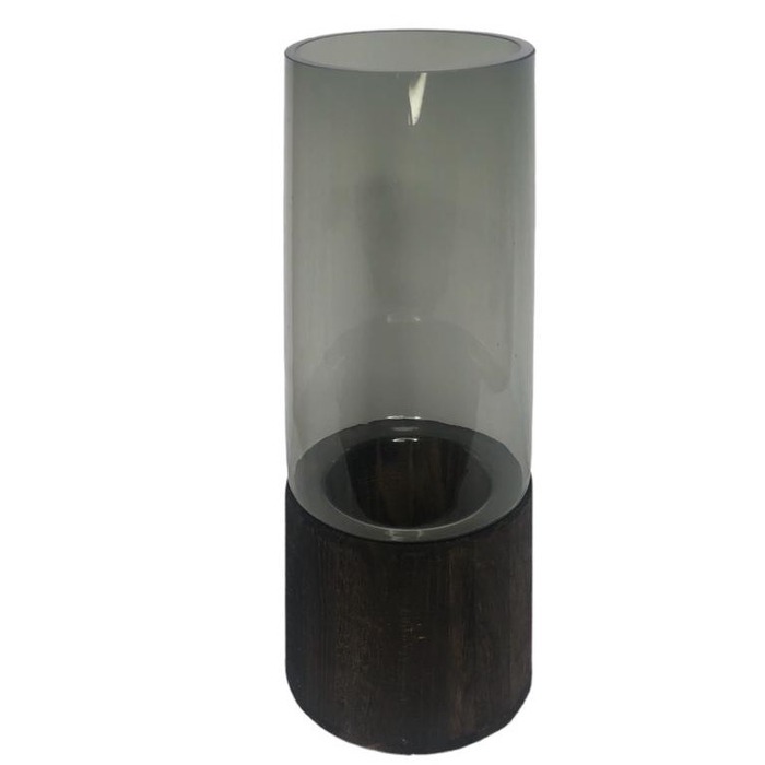 <h4>VASO DE VIDRO C/BASE MADEIRA 13X30CM - CINZA/MARROM 34566 IMP</h4>