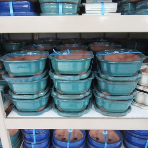 Bonsai pot oval glazed green, with plate (26x21x10)