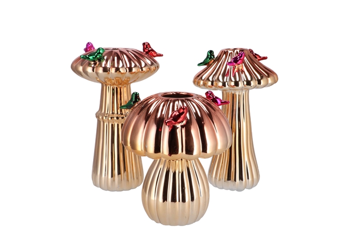 Bird Mushroom Vase Metalic Gold Ass 14x14x20cm Nm