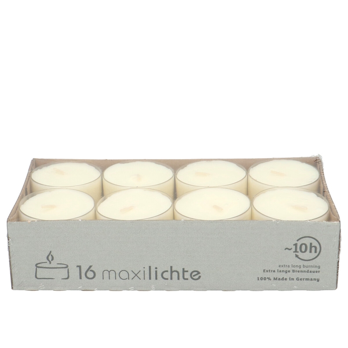 <h4>Kaars Theelicht maxi 10uur x16 clear</h4>