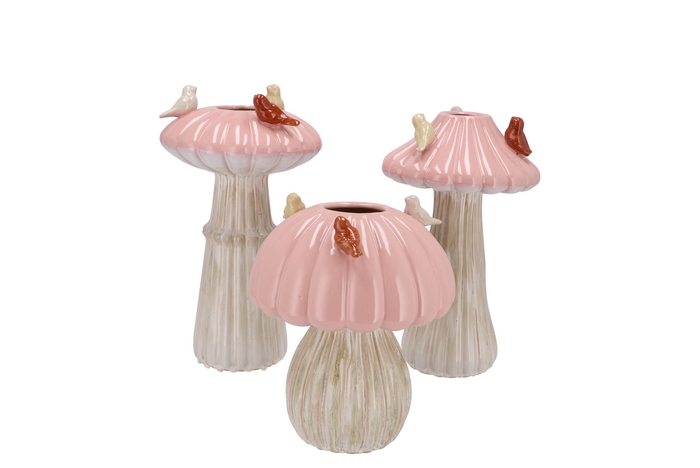 Bird Mushroom Vase Pink Ass 14x14x20cm