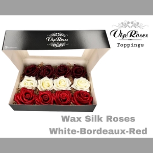 WAX SILK ROSES RED WHITE BORDEAUX MIX