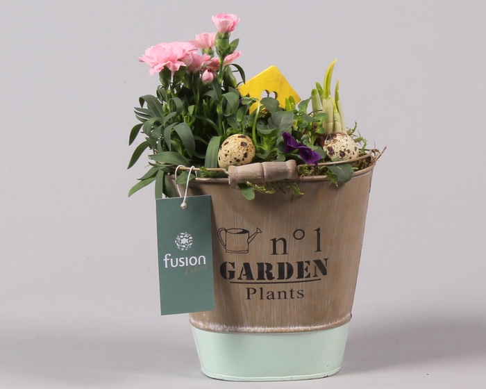 <h4>Zink emmer ovaal groen Pasen met Arrangement</h4>