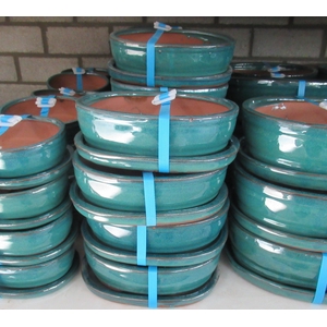 Bonsai pot oval glazed green, with plate ( 21x17x6,5)