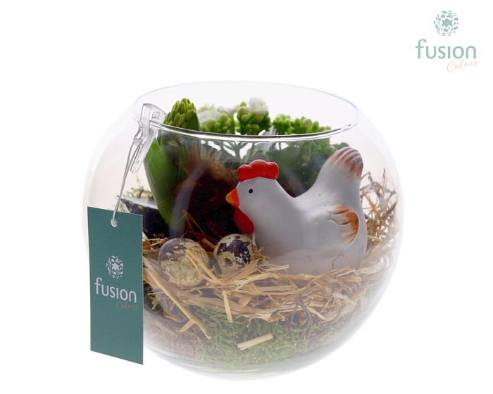 <h4>Glazen vissenkom met Pasen arrangement</h4>