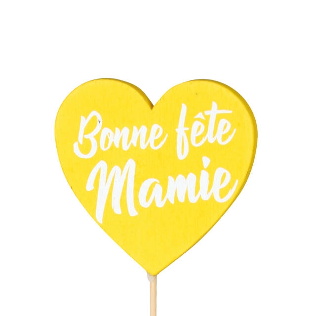 <h4>Bijsteker Bonne Fete Mamie 7x6.5cm+12cm stok geel</h4>