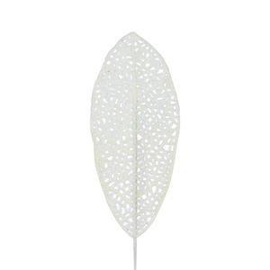 Bijsteker Blad glitter open 14x6cm+10cm draad wit