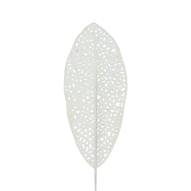 <h4>Bijsteker Blad glitter open 14x6cm+10cm draad wit</h4>