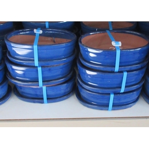 Bonsai pot oval glazed blue, with plate (27x21x8)