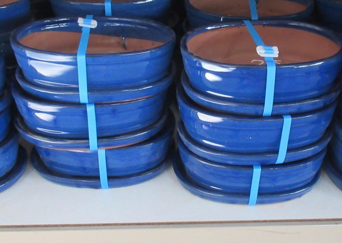 <h4>Bonsai pot oval glazed blue, with plate (27x21x8)</h4>