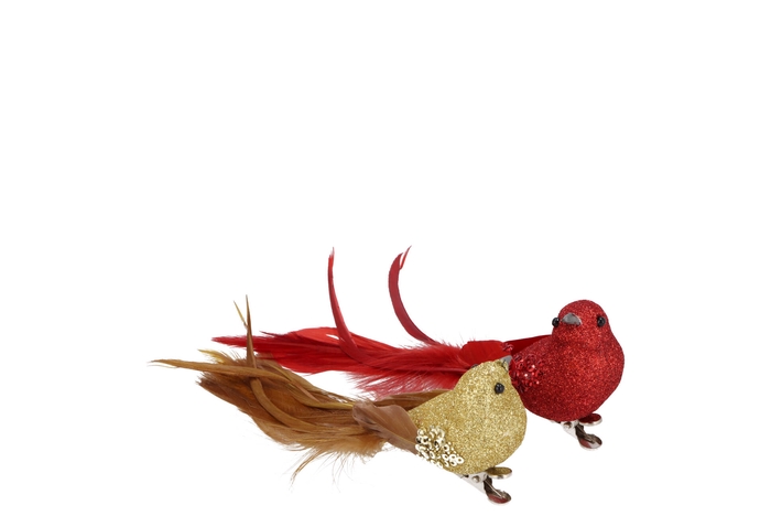 Deco Shine Bird Clip Red/gold 16cm Ass Per 2