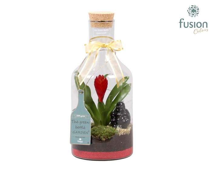 <h4>Green Bottle Fles Small met Bromelia en buddha</h4>