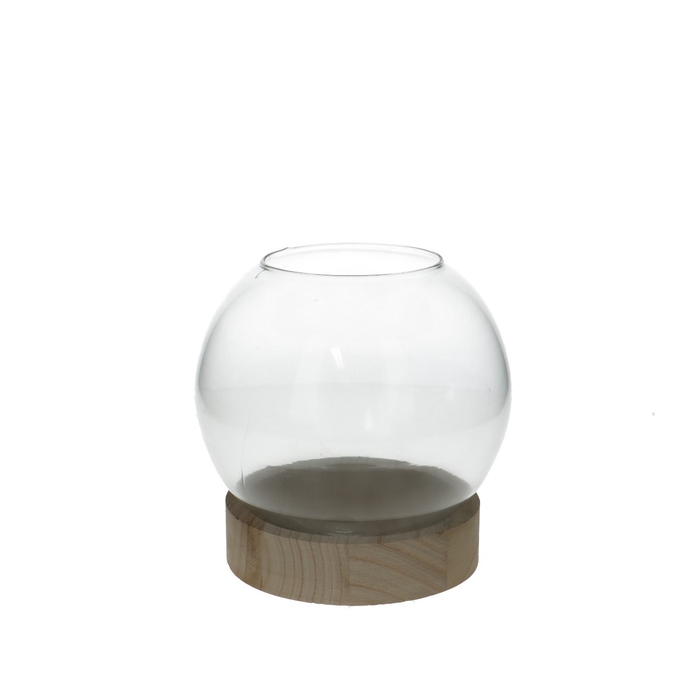 Glass fishbowl+foot wood d13 16cm