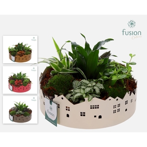 Zinken schaal Huisjes Large met arrangement