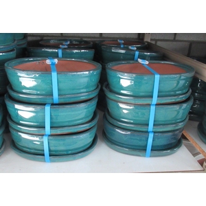 Bonsai pot oval glazed green, with plate ( 27x21x8)