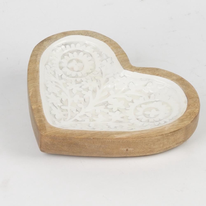 Tray Mango Wood Heart White 25