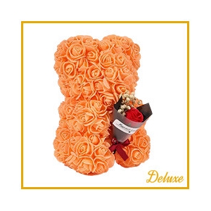 Beer DELUXE op standaard 25cm oranje met boeket in luxe cadeauverpakki