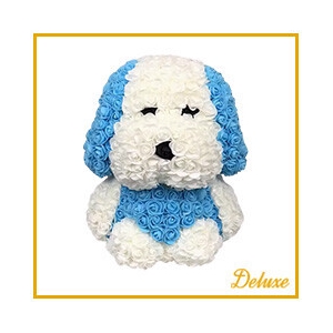 Hond DELUXE op standaard 25cm blauw/wit in luxe cadeauverpakking !!!