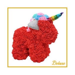 Unicorn DELUXE op standaard 25cm rood in luxe cadeauverpakking !!!